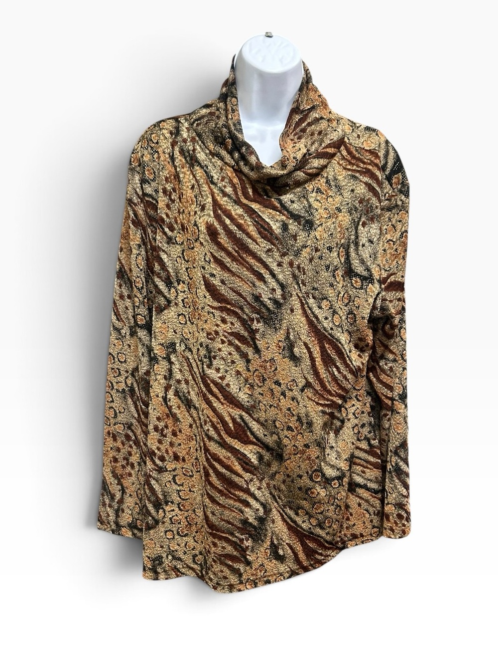 Vintage MR Max Loose Cowl Neck Shiny Animal Print Long Sleeve Blouse Top Size XL